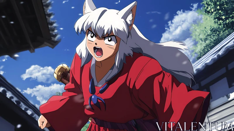 White-Haired Anime Hero in Red Attire AI Image