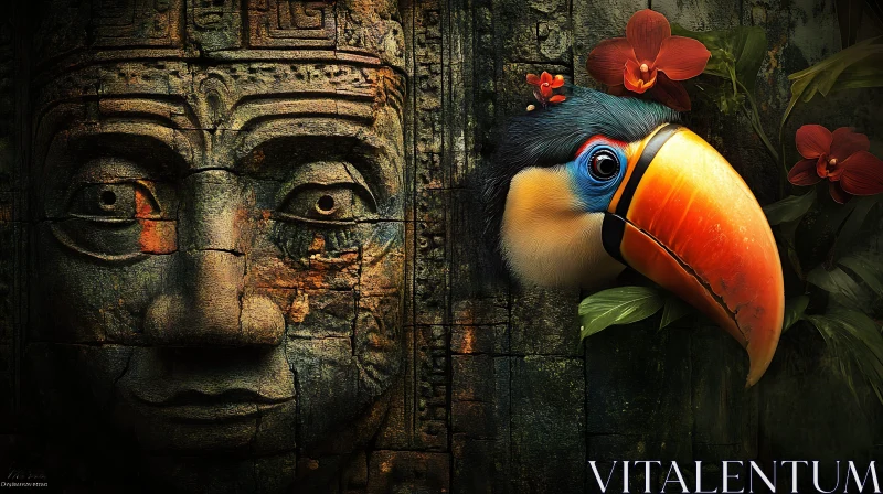 AI ART Toucan and Ancient Stone Carving