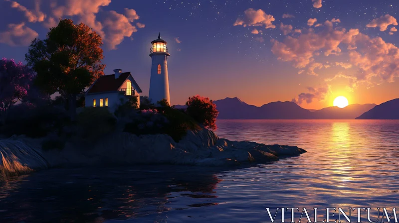 Coastal Lighthouse at Sunset AI Image