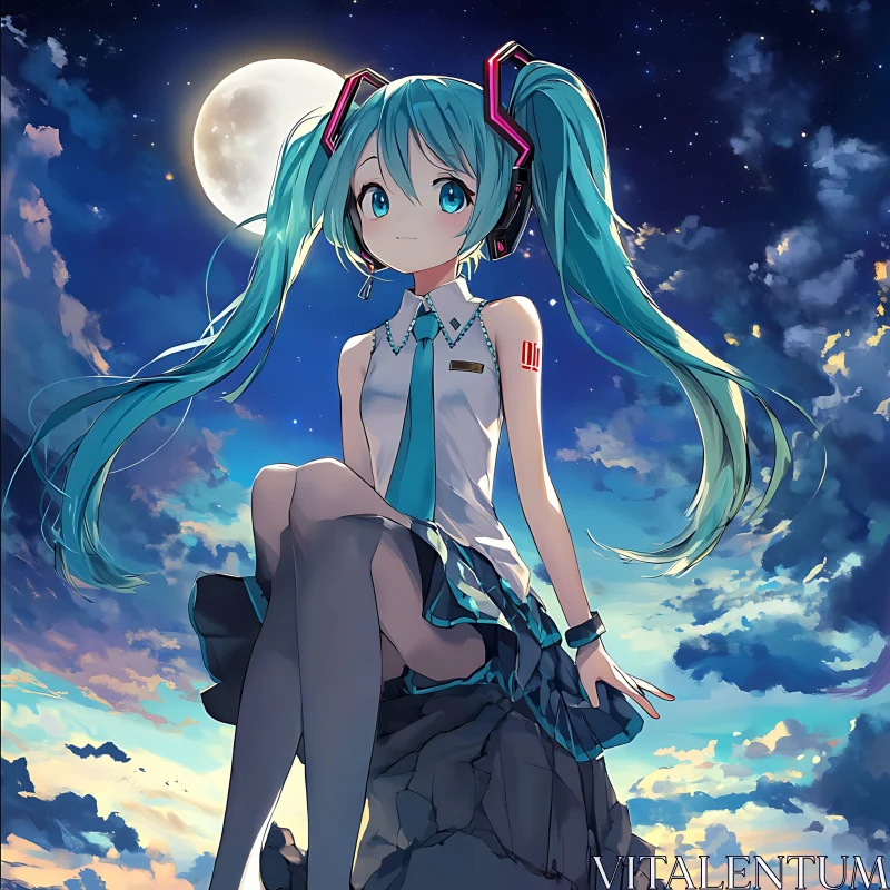 Anime Night Scene with Moonlit Girl AI Image