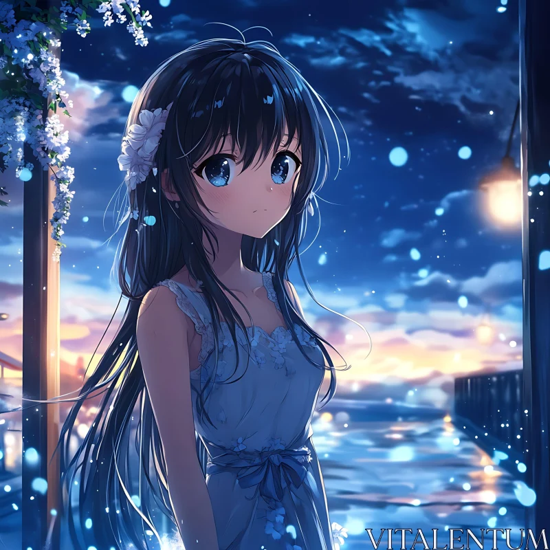 Enchanting Anime Girl Scene by the Night Sky AI Image