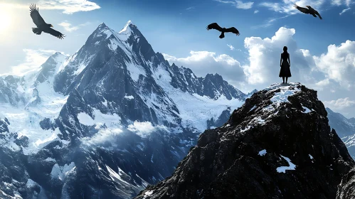 Woman on Mountain Top with Eagles