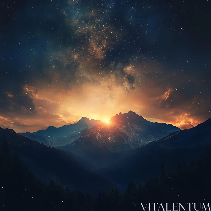 AI ART Mountain Silhouette with Sunset and Stars