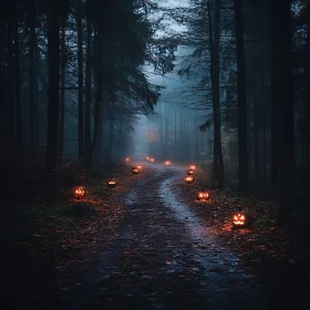 Eerie Night in a Forest with Illuminated Pumpkins