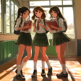 Three Anime Girls in School Uniforms Reading Books