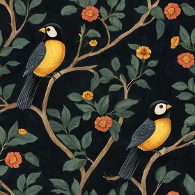 Birds on Branches with Flowers