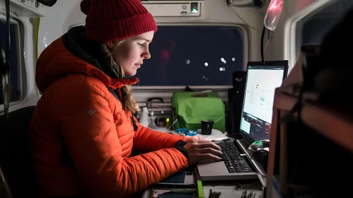 Woman in Red Hat Using Laptop