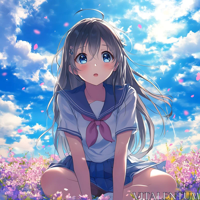 Springtime Anime Girl in Field of Blossoms AI Image