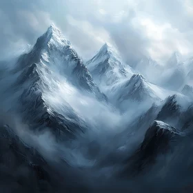 Snowy Peaks Through Misty Veil