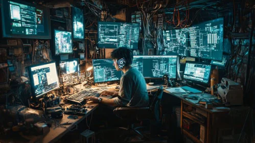 Hacker Surrounded by Screens