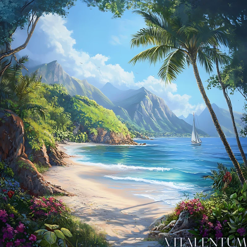 Tropical Beach Paradise with Mountains AI Image