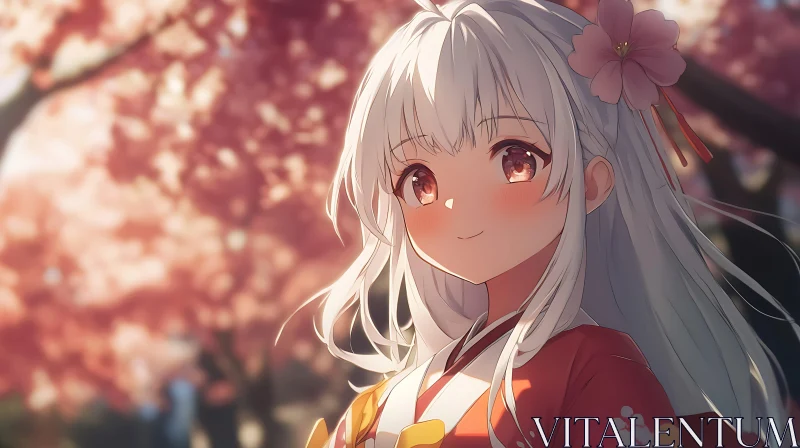 Serene Anime Girl with Cherry Blossom in Kimono AI Image