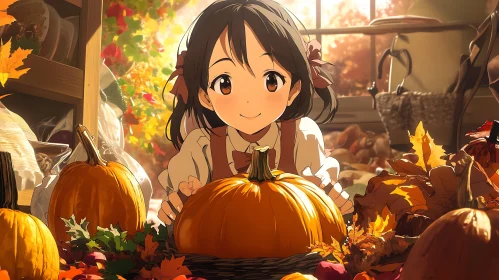 Autumn Anime Illustration with Pumpkins and Leaves