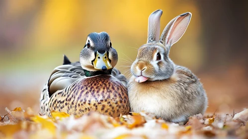 Autumnal Harmony: Duck and Rabbit Portrait