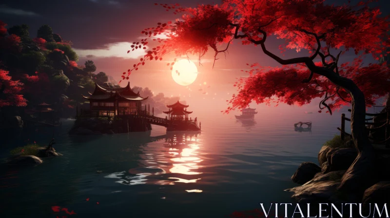 Asian Themed Landscape at Sunset - Shodo Inspired Art AI Image