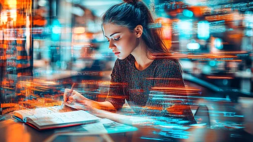 Woman Writing in a Futuristic Setting
