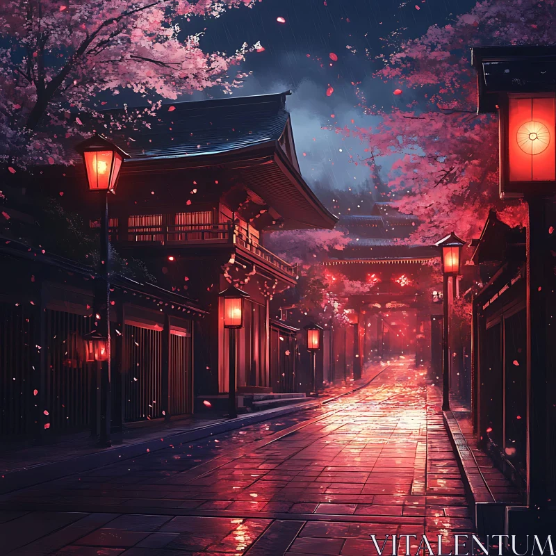 Japanese Lantern-Lit Street at Night AI Image