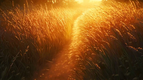 Sunlit Path through a Field of Grasses