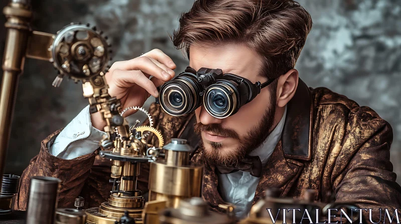 Man in Goggles Assembling Steampunk Device AI Image