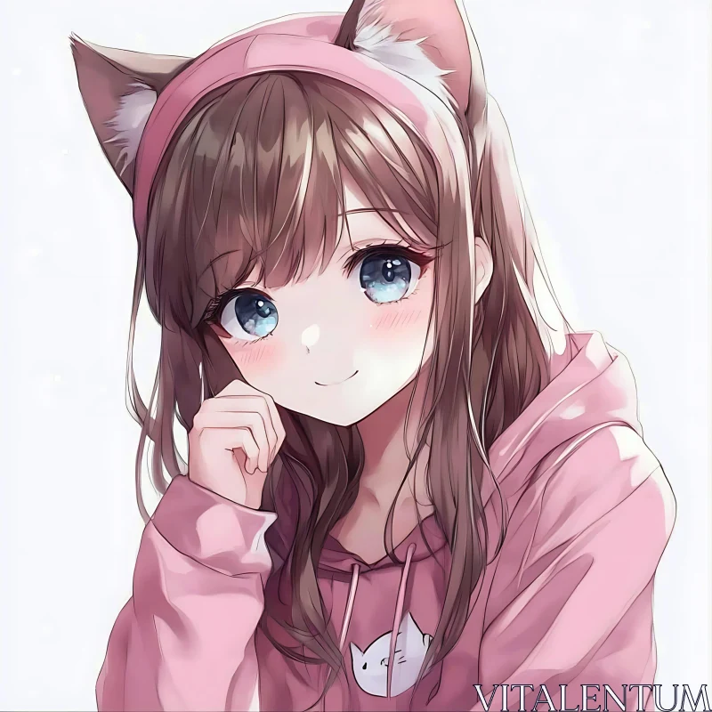 Smiling Anime Girl with Blue Eyes and Cat Ears AI Image