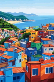 Vibrant Hillside Urban Scene with Sea and Mountains