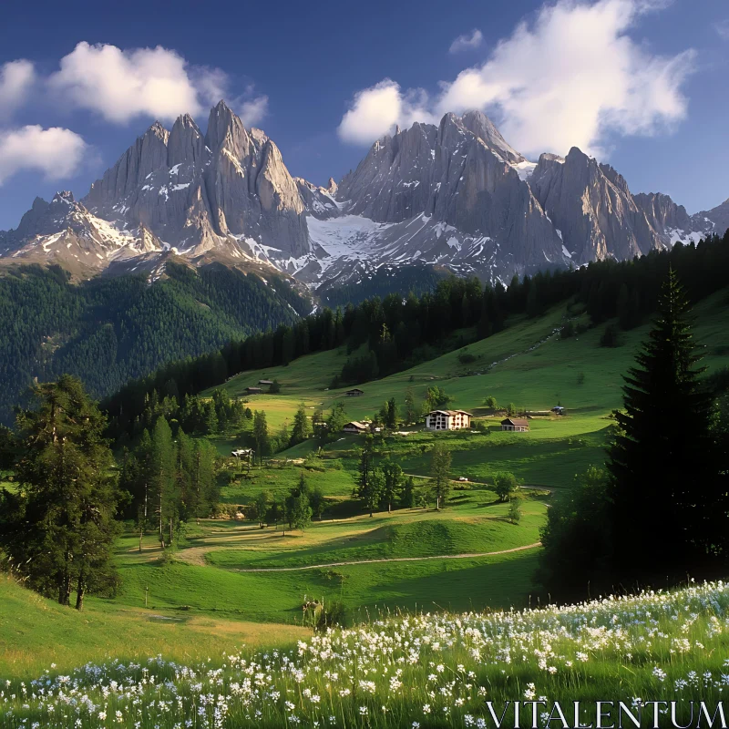 Alpine Landscape with White Flowers AI Image