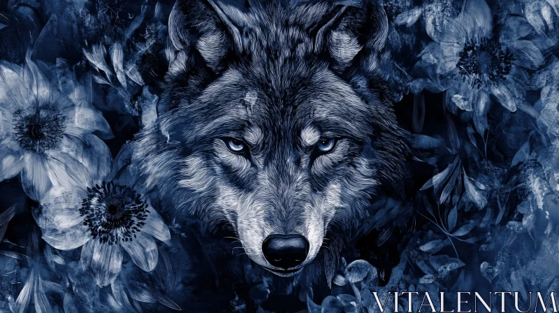 Wolf and Flowers in Blue Tones AI Image