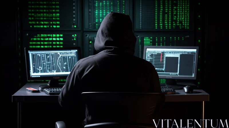 Mysterious Tech World: Man in Black Hoodie at Monitors AI Image