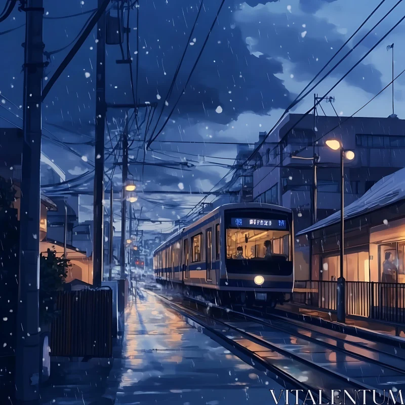 Rainy Night Urban Train Scene AI Image