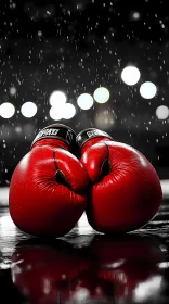 Red Boxing Gloves in Rain-Soaked Arena Under Lights AI Generated Image