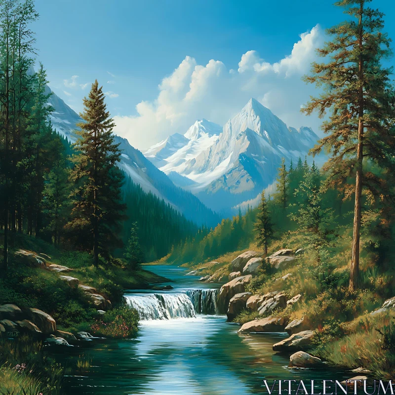 AI ART Scenic Mountain River with Waterfall