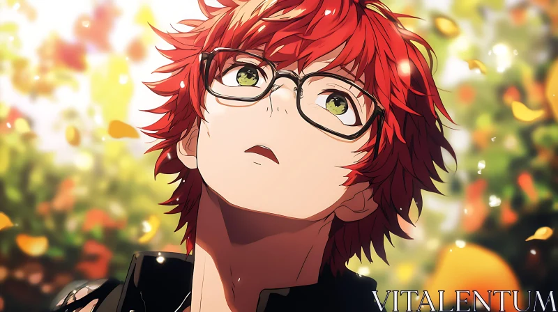 Autumn Leaves and Anime Character with Red Hair and Glasses AI Image