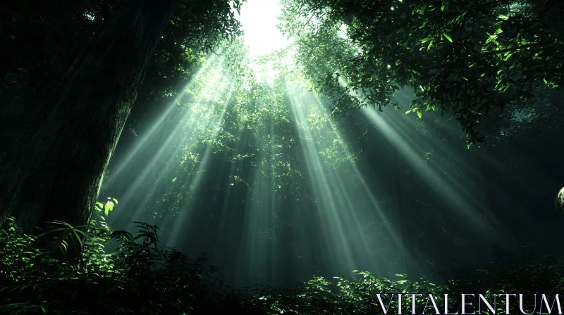 AI ART Ethereal Sun Rays in a Lush Forest