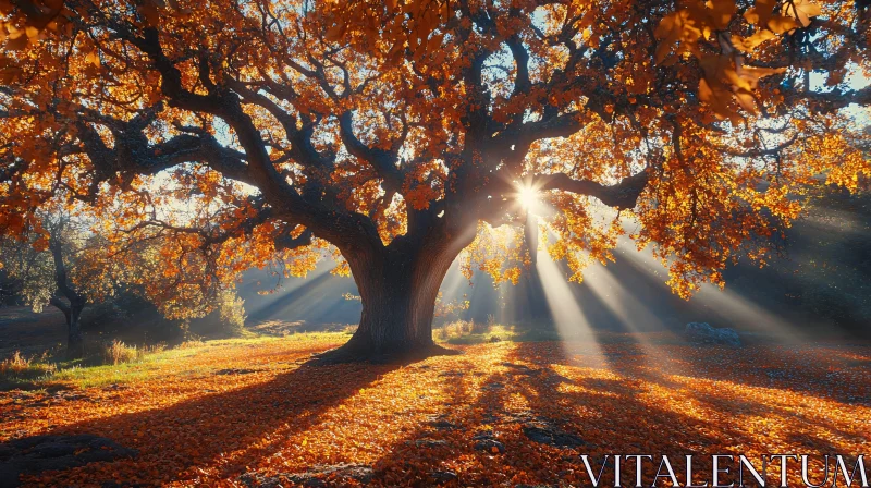 Majestic Tree with Sunlit Orange Leaves AI Image