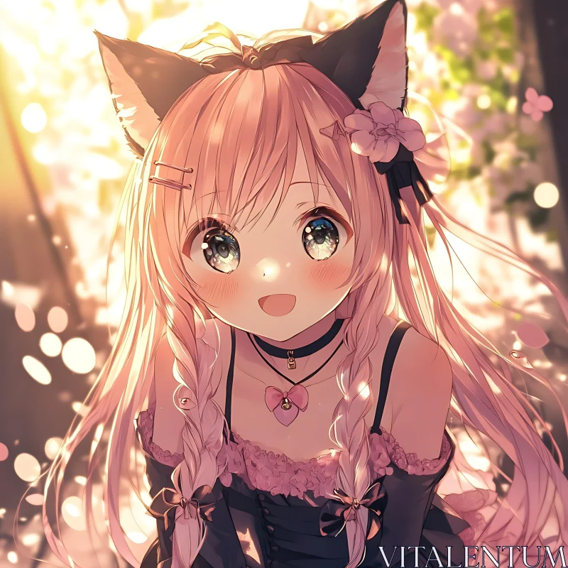 Cute Anime Girl with Flowers and Cat Ears AI Image