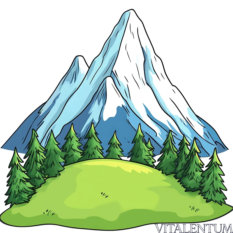 Cartoon Mountain Scene with Trees and Hills AI Image