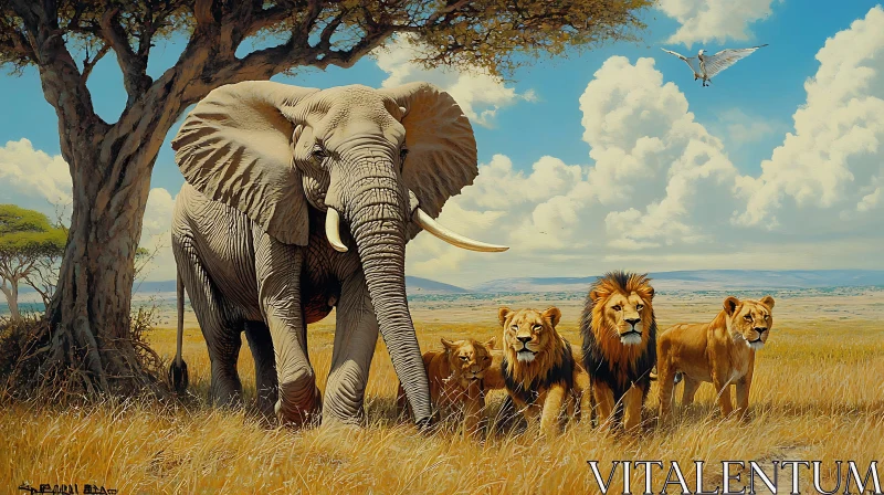 AI ART African Wildlife: Elephant Protecting Lions