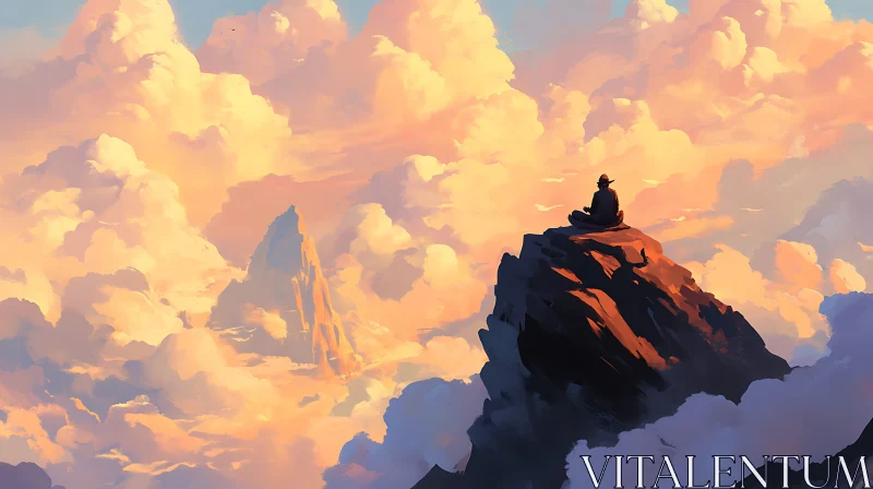 AI ART Meditative Moment Mountain Peak Sunset Clouds