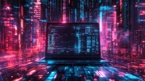 Neon Code Cityscape on Laptop Screen