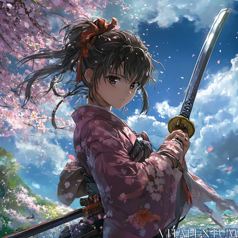 Traditional Samurai Girl in Cherry Blossom Season AI Image