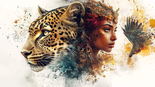 Surreal Portrait: Woman, Leopard, and Wing