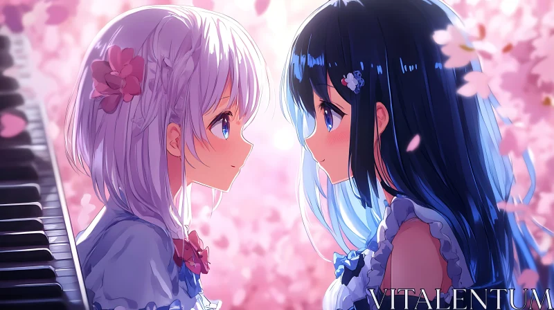 Musical Moment between Anime Girls in Sakura Blossoms AI Image