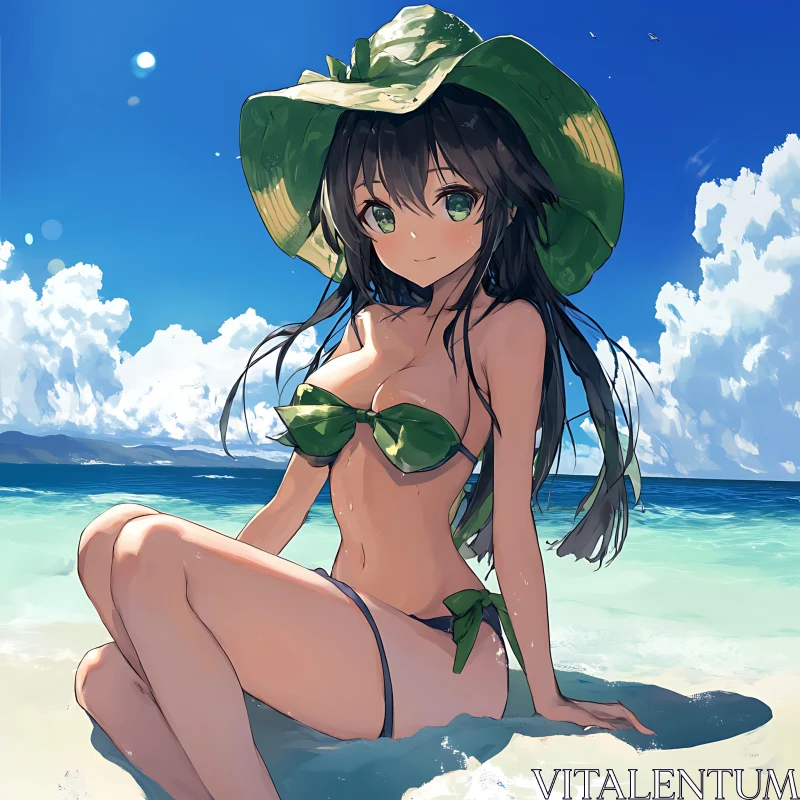 AI ART Anime Beach Scene with Girl in Green Bikini