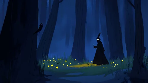 Silhouette of Wizard in Dark Blue Forest