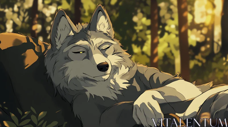 Peaceful Wolf in Forest AI Image