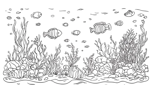 Monochrome Fish and Seaweed Illustration