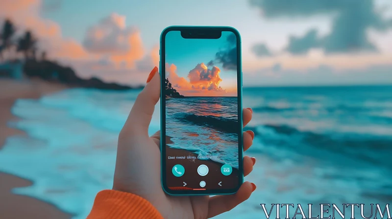 AI ART Beach Sunset Displayed on Smartphone