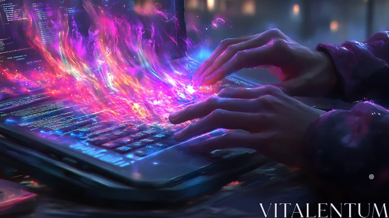 Hands on Laptop with Light Effects AI Image