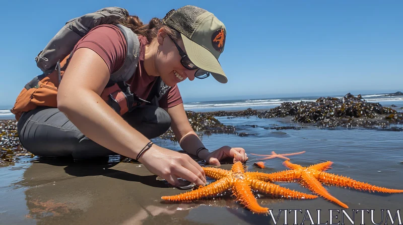 AI ART Woman Examining Starfish by the Sea