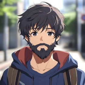 Bearded Anime Character with Backpack